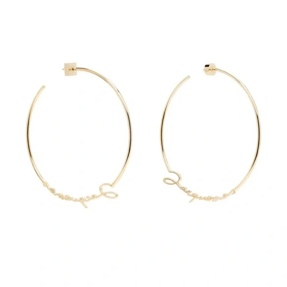 NEW Jacquemus Gold Cursive Script Logo Open Large Hoop Earrings $350 MSRP - Picture 7 of 12